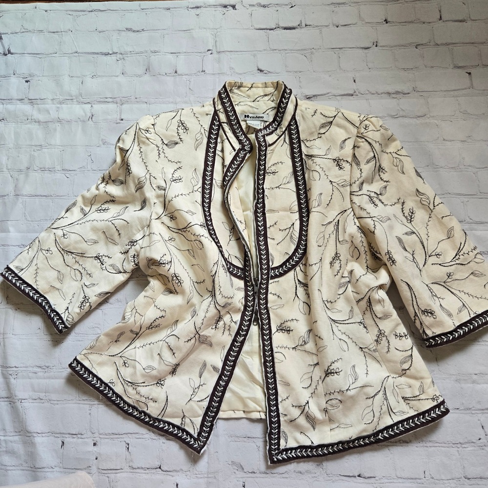 Nygard Collection Cream Linen Blend Embroidered Zip Front Boxy Jacket Size 14